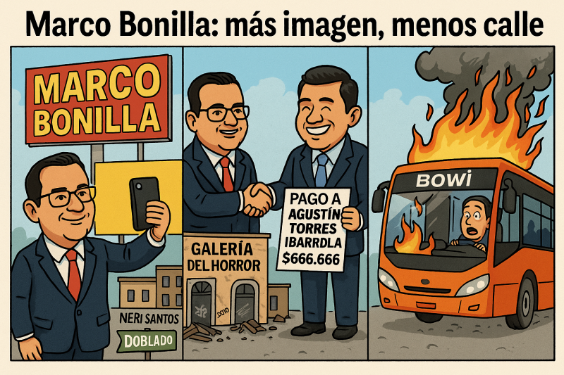 Marco Bonilla: más imagen, menos calle.           •	330 millones en promoción, pero los camiones Bowí se incendian solos y el centro parece zona de gu